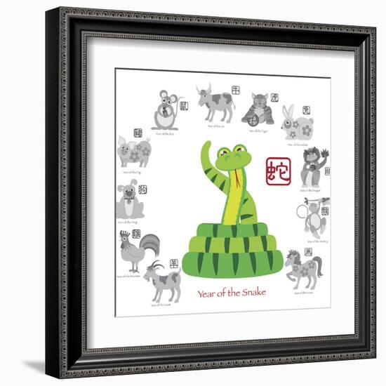 Chinese New Year Snake Color with Twelve Zodiacs Illustration-jpldesigns-Framed Art Print