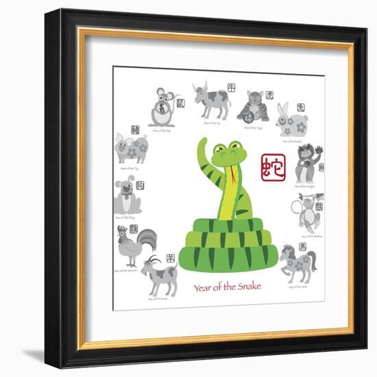 Chinese New Year Snake Color with Twelve Zodiacs Illustration-jpldesigns-Framed Art Print