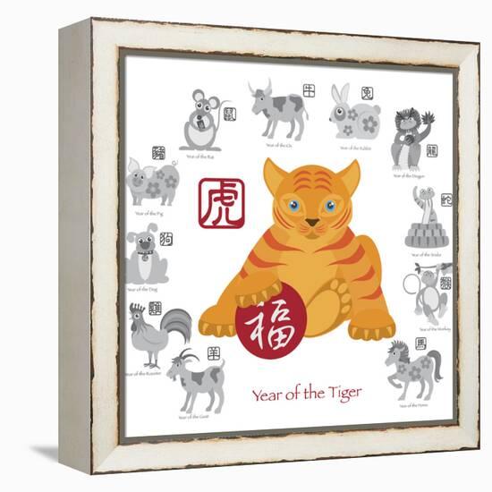 Chinese New Year Tiger Color with Twelve Zodiacs Illustration-jpldesigns-Framed Stretched Canvas