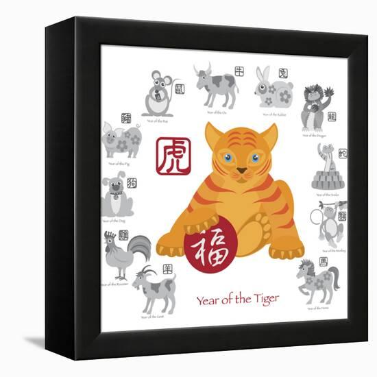 Chinese New Year Tiger Color with Twelve Zodiacs Illustration-jpldesigns-Framed Stretched Canvas