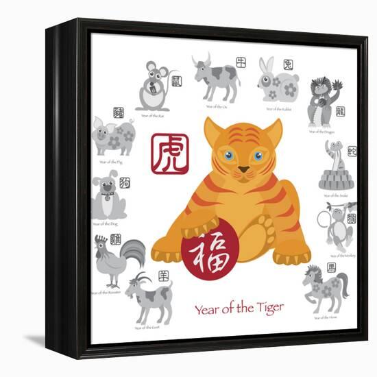 Chinese New Year Tiger Color with Twelve Zodiacs Illustration-jpldesigns-Framed Stretched Canvas