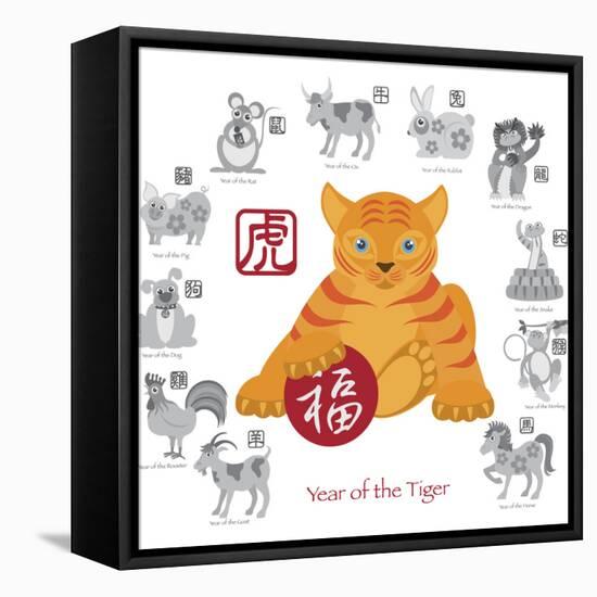 Chinese New Year Tiger Color with Twelve Zodiacs Illustration-jpldesigns-Framed Stretched Canvas