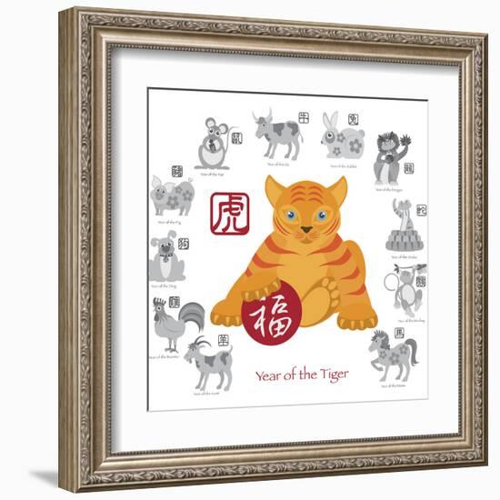 Chinese New Year Tiger Color with Twelve Zodiacs Illustration-jpldesigns-Framed Art Print