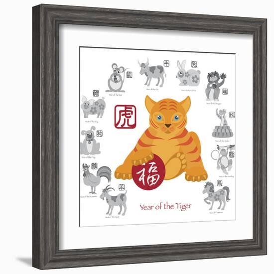 Chinese New Year Tiger Color with Twelve Zodiacs Illustration-jpldesigns-Framed Art Print