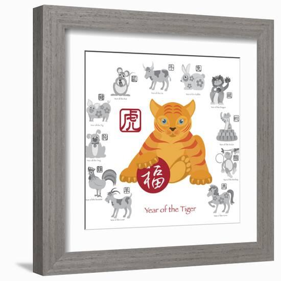 Chinese New Year Tiger Color with Twelve Zodiacs Illustration-jpldesigns-Framed Art Print
