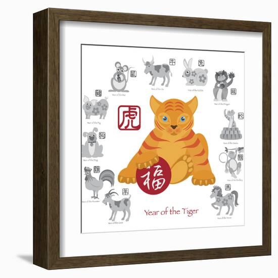 Chinese New Year Tiger Color with Twelve Zodiacs Illustration-jpldesigns-Framed Art Print