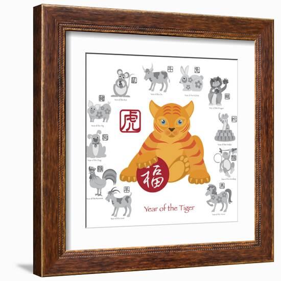 Chinese New Year Tiger Color with Twelve Zodiacs Illustration-jpldesigns-Framed Art Print