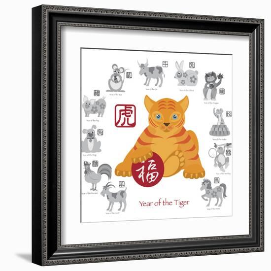 Chinese New Year Tiger Color with Twelve Zodiacs Illustration-jpldesigns-Framed Art Print