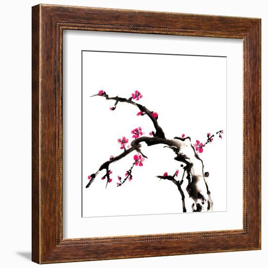 Chinese Painting Of Flowers, Plum Blossom, On White Background-elwynn-Framed Art Print