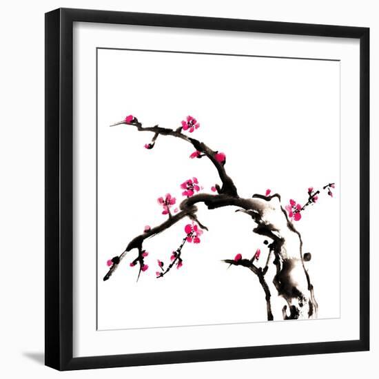 Chinese Painting Of Flowers, Plum Blossom, On White Background-elwynn-Framed Art Print