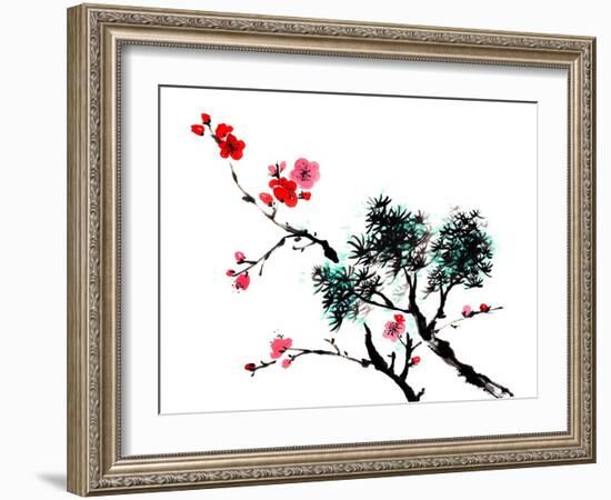 Chinese Painting Of Flowers, Plum Blossom, On White Background-elwynn-Framed Art Print