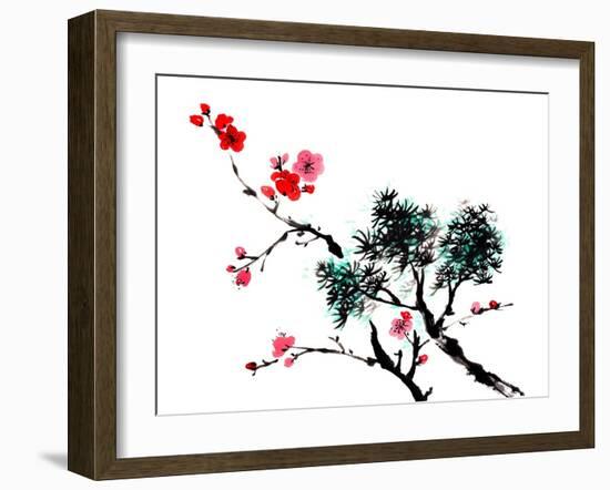 Chinese Painting Of Flowers, Plum Blossom, On White Background-elwynn-Framed Art Print