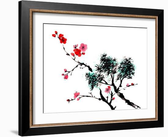 Chinese Painting Of Flowers, Plum Blossom, On White Background-elwynn-Framed Art Print