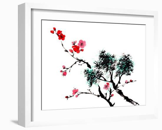 Chinese Painting Of Flowers, Plum Blossom, On White Background-elwynn-Framed Art Print