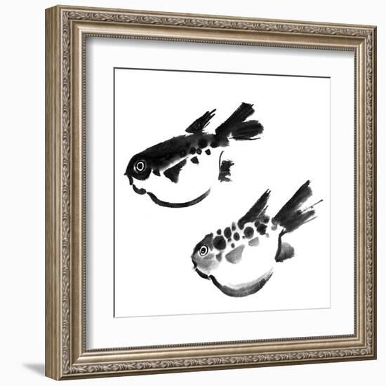 Chinese Painting Of Swellfish On White Background-elwynn-Framed Art Print
