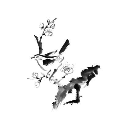 Chinese Painting Plum Blossom And Bird On White Background Art