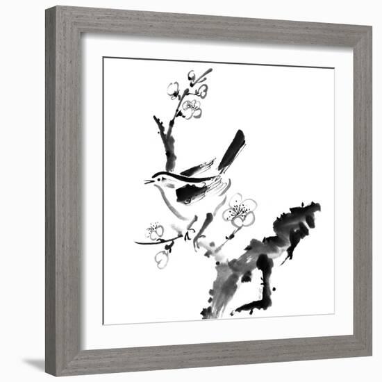 Chinese Painting , Plum Blossom And Bird, On White Background-elwynn-Framed Art Print