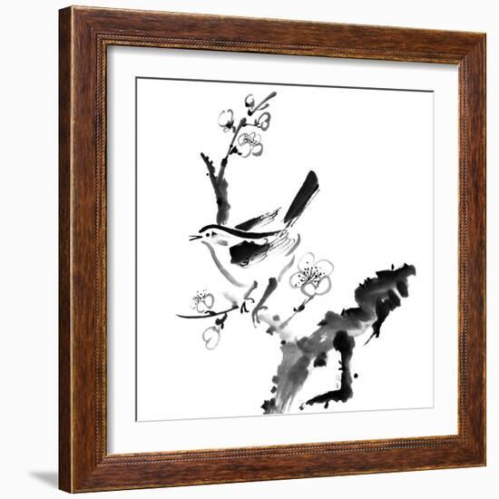 Chinese Painting , Plum Blossom And Bird, On White Background-elwynn-Framed Art Print