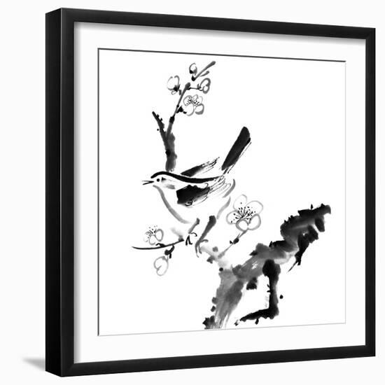 Chinese Painting , Plum Blossom And Bird, On White Background-elwynn-Framed Art Print