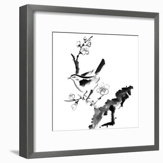 Chinese Painting , Plum Blossom And Bird, On White Background-elwynn-Framed Art Print