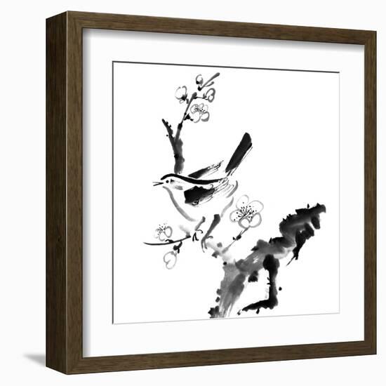 Chinese Painting , Plum Blossom And Bird, On White Background-elwynn-Framed Art Print