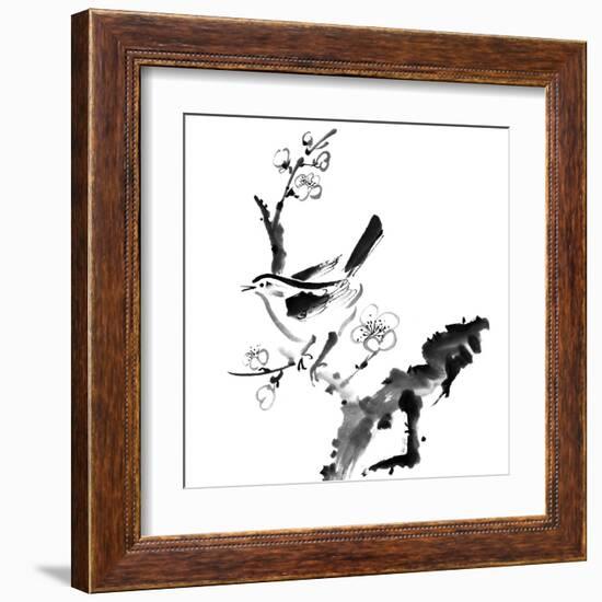 Chinese Painting , Plum Blossom And Bird, On White Background-elwynn-Framed Art Print