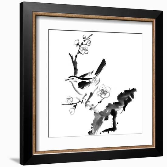 Chinese Painting , Plum Blossom And Bird, On White Background-elwynn-Framed Art Print