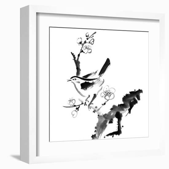 Chinese Painting , Plum Blossom And Bird, On White Background-elwynn-Framed Art Print