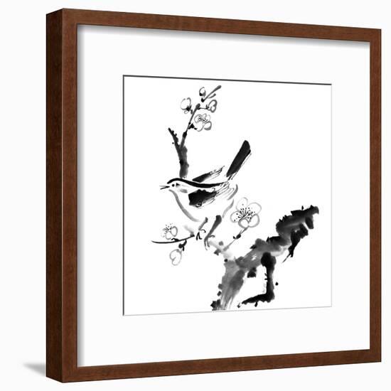 Chinese Painting , Plum Blossom And Bird, On White Background-elwynn-Framed Art Print