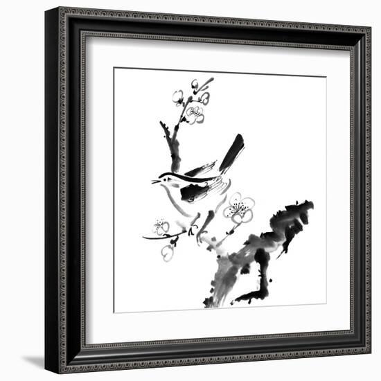 Chinese Painting , Plum Blossom And Bird, On White Background-elwynn-Framed Art Print