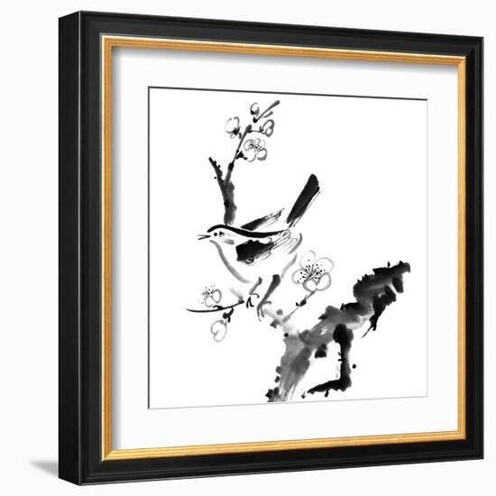 Chinese Painting , Plum Blossom And Bird, On White Background-elwynn-Framed Art Print