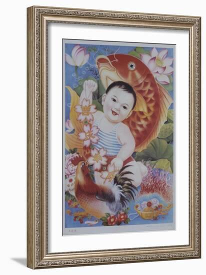 Chinese Poster with Baby, Koi and Rooster-null-Framed Giclee Print