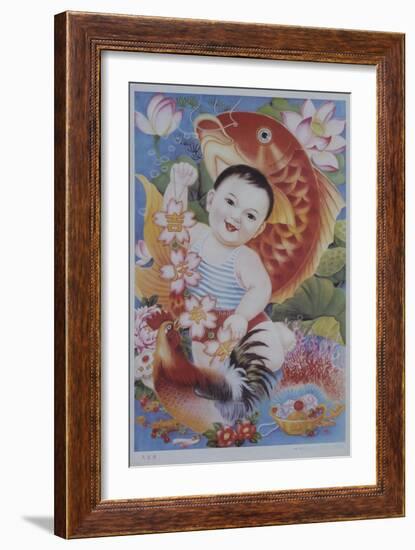 Chinese Poster with Baby, Koi and Rooster-null-Framed Giclee Print