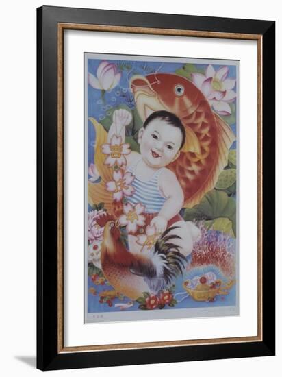 Chinese Poster with Baby, Koi and Rooster-null-Framed Giclee Print