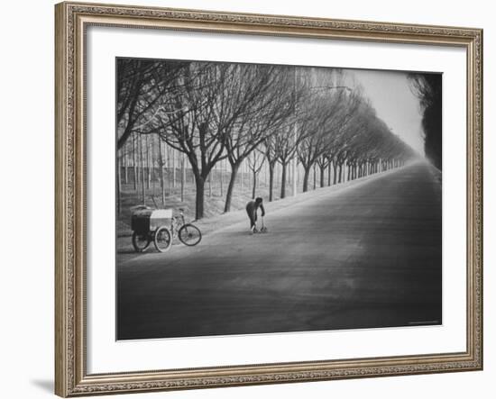 Chinese Street Cleaner Meticulously Sweeping This Tree Lined Road from the Peking Airport-John Dominis-Framed Photographic Print