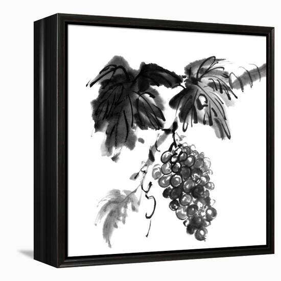 Chinese Traditional Ink Painting, Grapes On White Background-elwynn-Framed Stretched Canvas