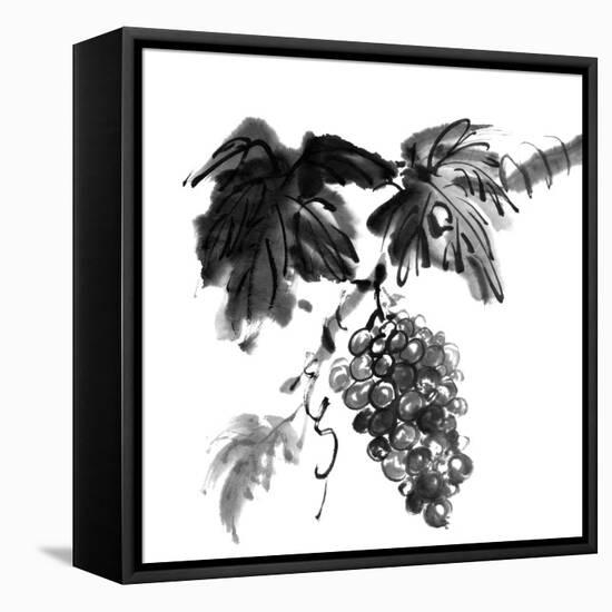 Chinese Traditional Ink Painting, Grapes On White Background-elwynn-Framed Stretched Canvas