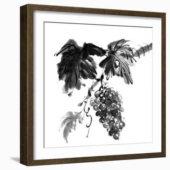 Chinese Traditional Ink Painting, Grapes On White Background-elwynn-Framed Art Print