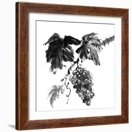 Chinese Traditional Ink Painting, Grapes On White Background-elwynn-Framed Art Print