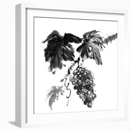 Chinese Traditional Ink Painting, Grapes On White Background-elwynn-Framed Art Print