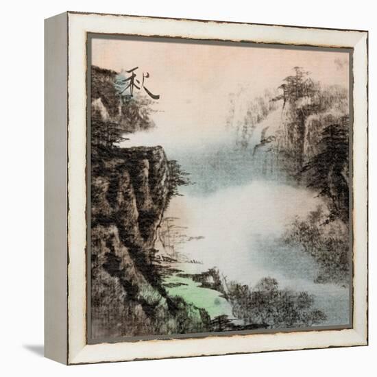 Chinese Traditional Ink Painting, Landscape of Season, Fall.-elwynn-Framed Stretched Canvas