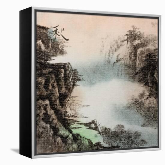 Chinese Traditional Ink Painting, Landscape of Season, Fall.-elwynn-Framed Stretched Canvas