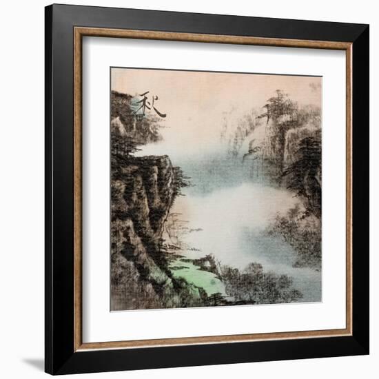 Chinese Traditional Ink Painting, Landscape of Season, Fall.-elwynn-Framed Art Print