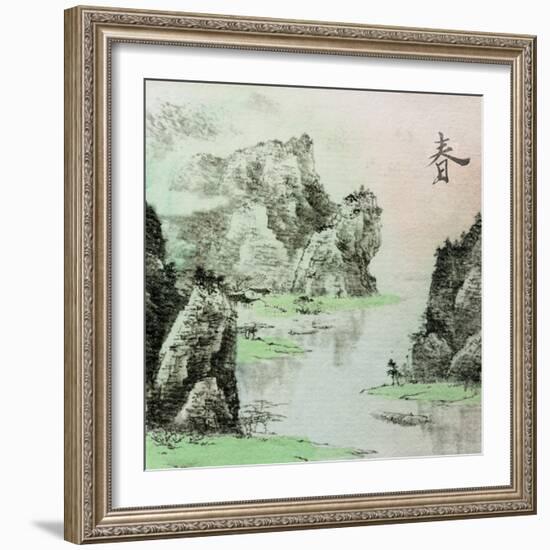 Chinese Traditional Ink Painting, Landscape of Season, Spring.-elwynn-Framed Art Print