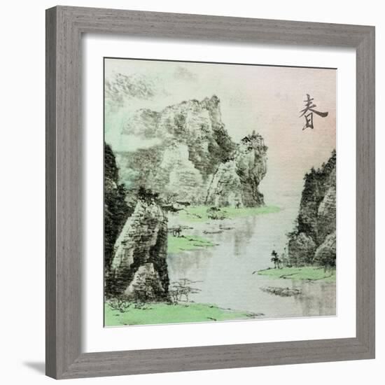 Chinese Traditional Ink Painting, Landscape of Season, Spring.-elwynn-Framed Art Print