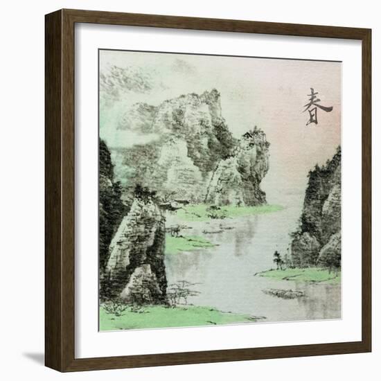 Chinese Traditional Ink Painting, Landscape of Season, Spring.-elwynn-Framed Art Print