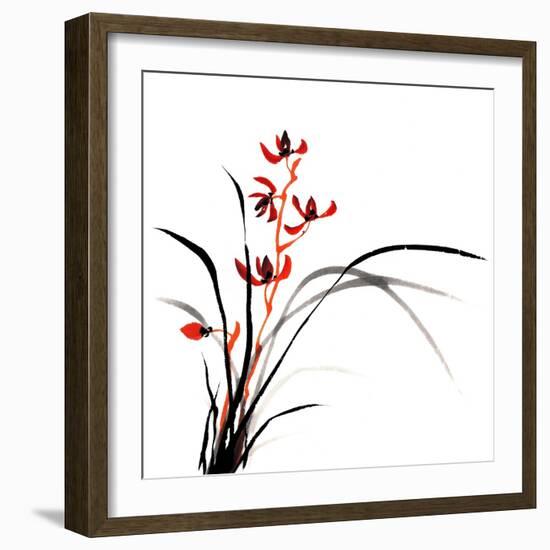 Chinese Traditional Ink Painting Of Orchid On White Background-elwynn-Framed Art Print