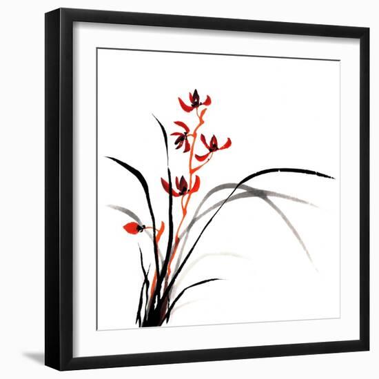 Chinese Traditional Ink Painting Of Orchid On White Background-elwynn-Framed Art Print