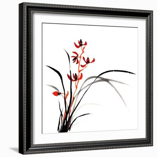 Chinese Traditional Ink Painting Of Orchid On White Background-elwynn-Framed Art Print