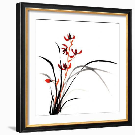 Chinese Traditional Ink Painting Of Orchid On White Background-elwynn-Framed Art Print